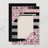 フローラピンクの花ゴールデン水玉模様ストライプの線 招待状 (正面/裏面)