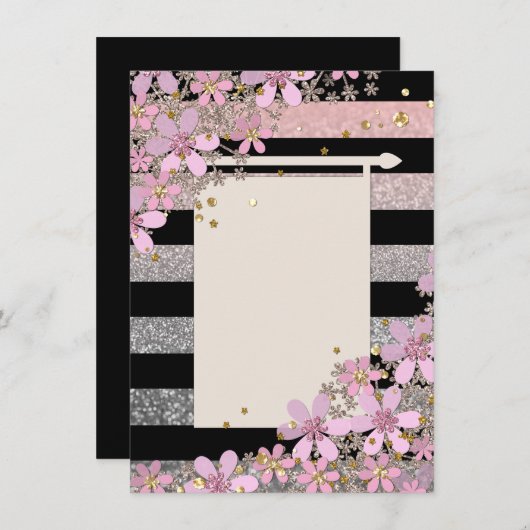フローラピンクの花ゴールデン水玉模様ストライプの線 招待状 (正面/裏面)