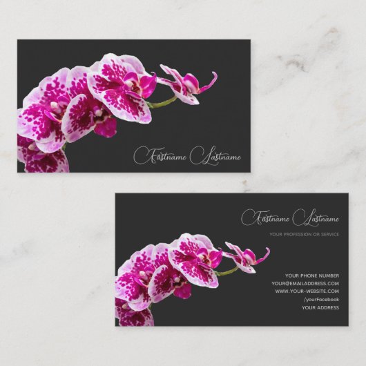 フローラピンクの蘭の書道ダークグレー 名刺 (正面/裏面)