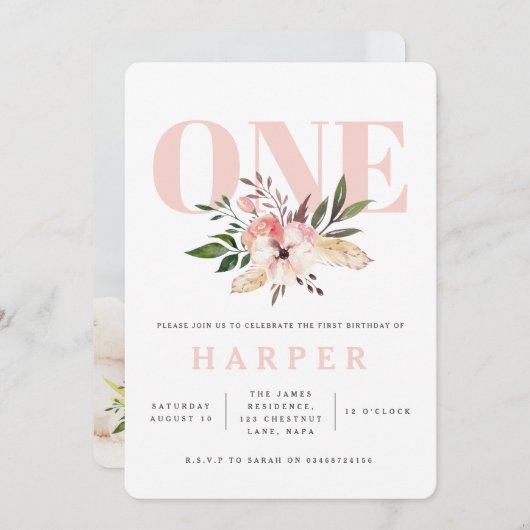 フローラピンクの誕生日パーティーの写真の招待 招待状 (正面/裏面)