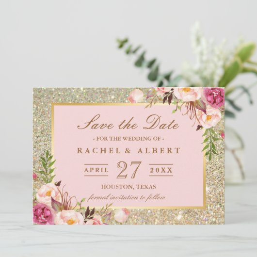 フローラピンクの金ゴールドグリッター結婚式の日付を保存 セーブザデート (スタンド正面)