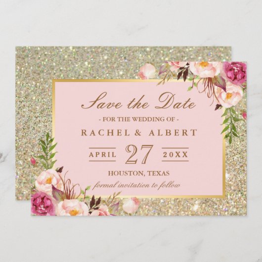 フローラピンクの金ゴールドグリッター結婚式の日付を保存 セーブザデート (正面/裏面)