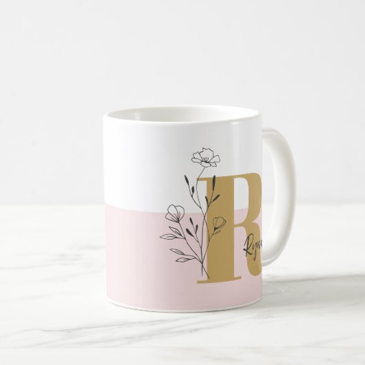 フローラピンクはっきりしたモノグラム名 コーヒーマグカップ (正面右)