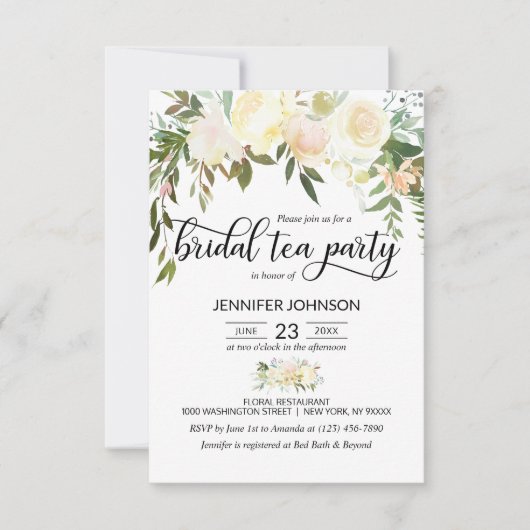 フローラピンクアイボリークリームブライダルシャワーティーパーティー 招待状 (正面)