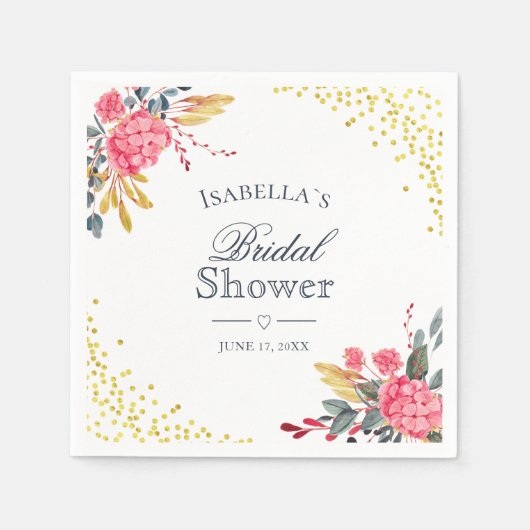 フローラピンクアジサイフェイク金ゴールドブライダルシャワー スタンダードカクテルナプキン (正面)