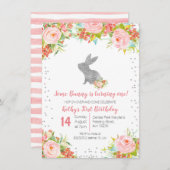 フローラピンクアンドシルバーバニー誕生日フローラ 招待状 (正面/裏面)