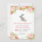 フローラピンクアンドシルバーバニー誕生日フローラ 招待状 (正面)