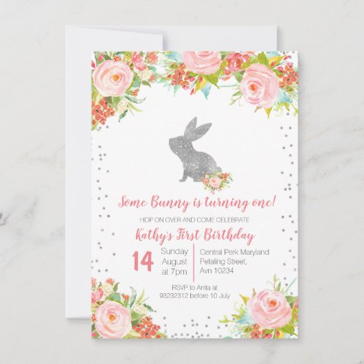 フローラピンクアンドシルバーバニー誕生日フローラ 招待状 (正面)