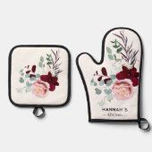 フローラピンクアンドバーガンディ開花 パーソナライズされた 鍋つかみ&鍋敷きセット (正面)