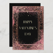 フローラピンクアンドブラックグリッターバレンタインデーカード シーズンカード (正面/裏面)