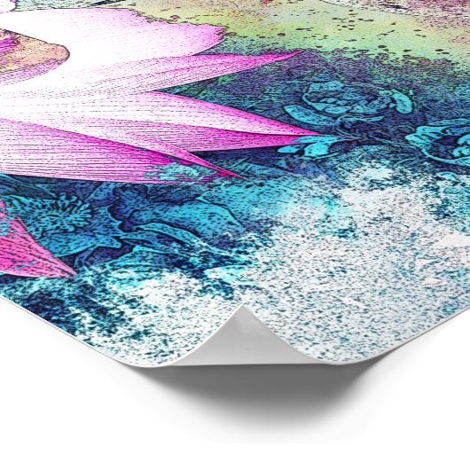 フローラピンクアンドブルーヴィンテージハミングバードアートプリント ポスター (角)