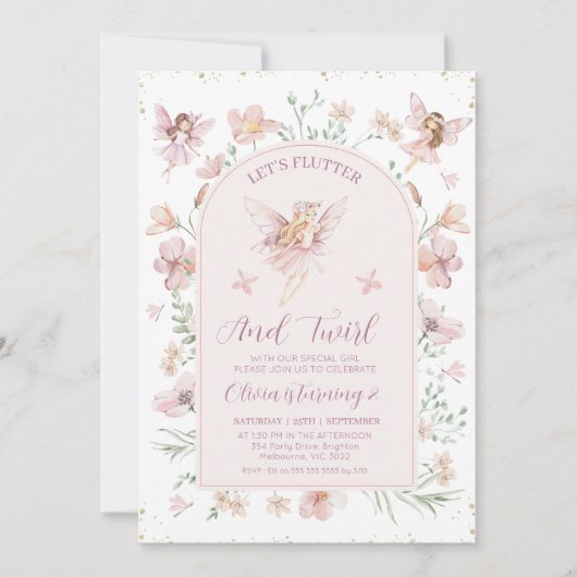 フローラピンクアーチフェリーズフラッタトゥウィル誕生日 招待状 (正面)