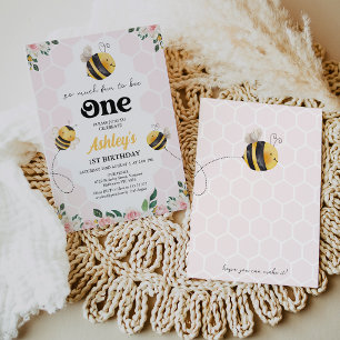 フローラピンクイエローおもしろいワンビー1歳の誕生日 招待状