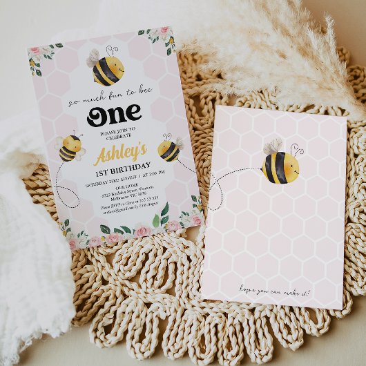 フローラピンクイエローおもしろいワンビー1歳の誕生日 招待状