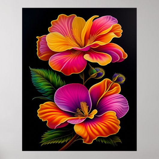 フローラピンクイエローボタニカルイラストレーション ポスター (正面)