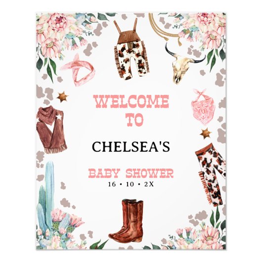 フローラピンクウェスタンロデオベビーシャワーウェルカムサイン フォトプリント            (正面)