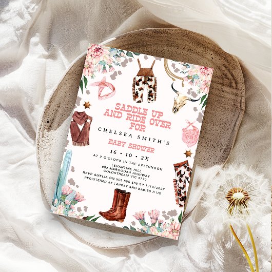 フローラピンクウエスタンロデオベビーシャワー 招待状