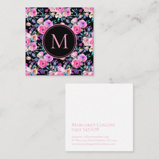 フローラピンクウォーターカラーモノグラム スクエア名刺 (正面/裏面)