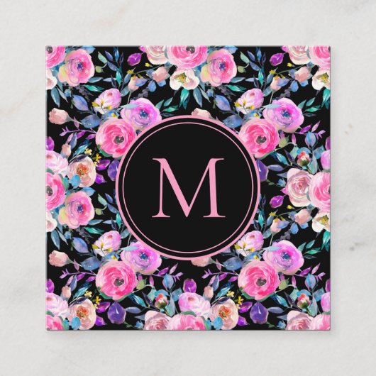 フローラピンクウォーターカラーモノグラム スクエア名刺 (正面)