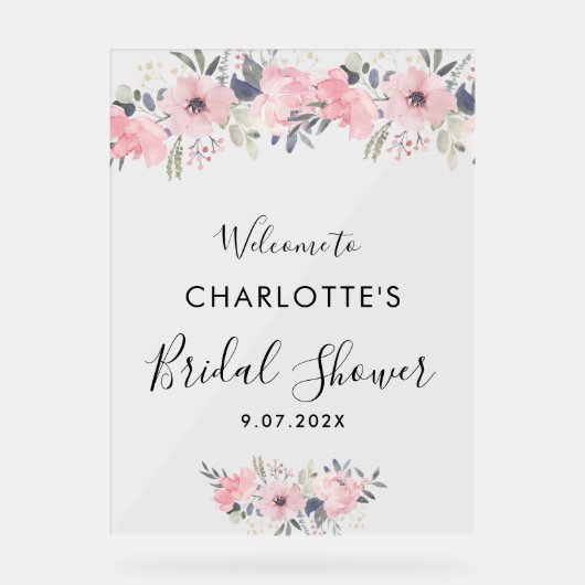 フローラピンクエレガントブライダルシャワー歓迎 アクリルサイン (正面)