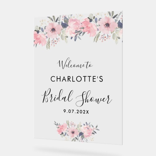 フローラピンクエレガントブライダルシャワー歓迎 アクリルサイン (傾斜)