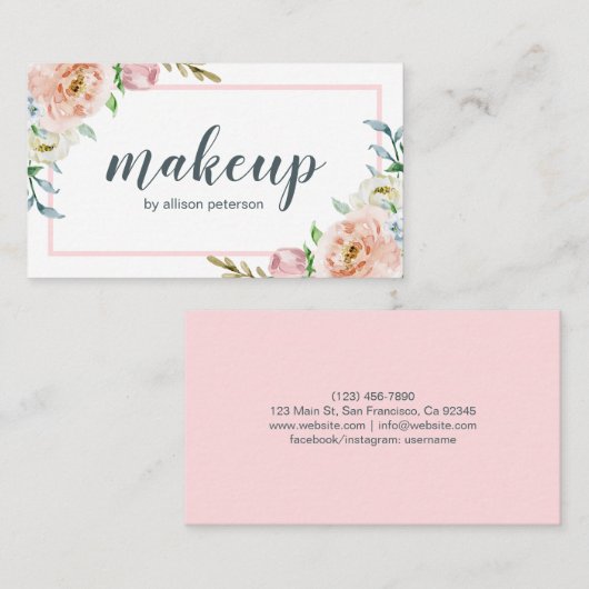 フローラピンクエレガントホワイトメイクアップアーティスト 名刺 (正面/裏面)