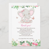 フローラピンクエレファントベビーシャワーサンキューカード サンキューカード (正面/裏面)