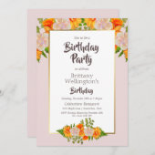 フローラピンクオレンジ金ゴールド誕生日パーティー 招待状 (正面/裏面)