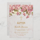 フローラピンクオーランズマーブルー金ゴールドクロスバプテスマ 招待状 (正面/裏面)
