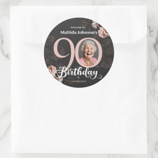 フローラピンクカスタムグレイ誕生日写真90 ラウンドシール (バッグ)