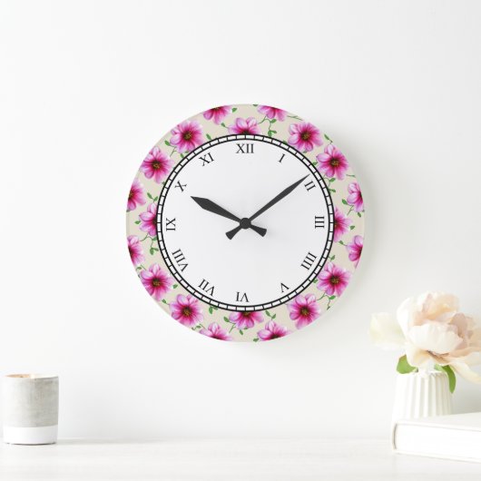 フローラピンクガーデン花ローマ数字 ラージ壁時計 (ホーム)