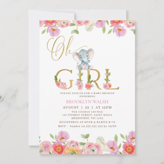 フローラピンクガールズオベビーゾウ赤ちゃんシャワーInv 招待状 (正面)
