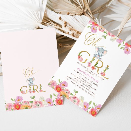 フローラピンクガールズオベビーゾウ赤ちゃんシャワーInv 招待状