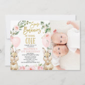 フローラピンクガールツツインズソームバンニ1st誕生日 招待状 (正面)