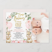 フローラピンクガールツツインズソームバンニ1st誕生日 招待状 (正面/裏面)