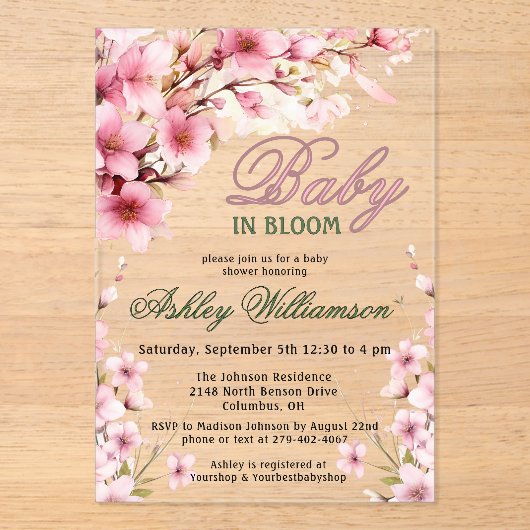 フローラピンクガールベビーの開花水色 アクリル招待状 (正面)