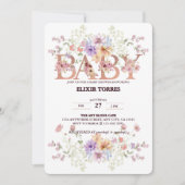 フローラピンクグリッターベビーモノグラムベビーシャワー 招待状 (正面)