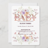 フローラピンクグリッターベビーモノグラムベビーシャワー 招待状 (正面)