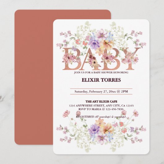 フローラピンクグリッターベビーモノグラムベビーシャワー 招待状 (正面/裏面)