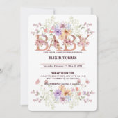 フローラピンクグリッターベビーモノグラムベビーシャワー 招待状 (正面)