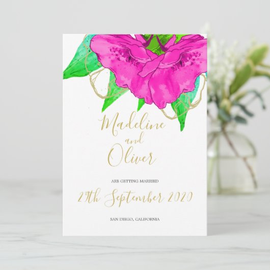 フローラピンクグリーン金ゴールドエレガモダンントウェディング 招待状 (スタンド正面)