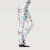 フローラピンクコーラルグリーンとブルーアールデコパターン レギンス (右)