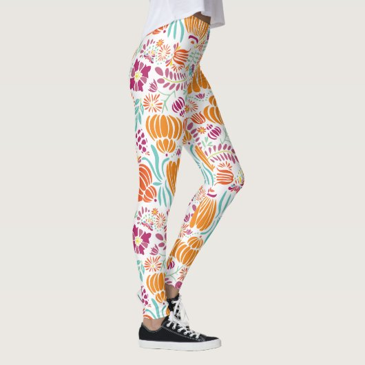 フローラピンクコーラルグリーンプラムブルーアールデコ模様 レギンス (右)