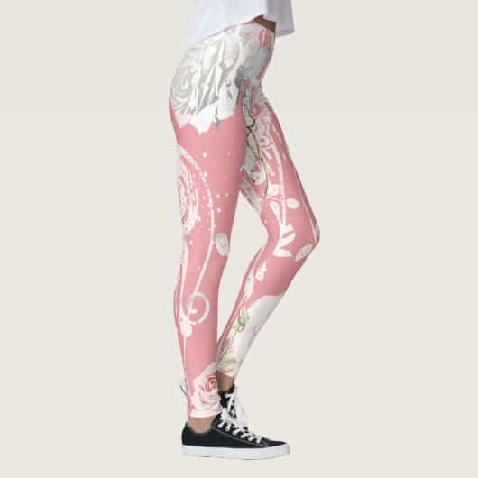 フローラピンクコーラルグリーンヴィンテージバラパターン レギンス (右)
