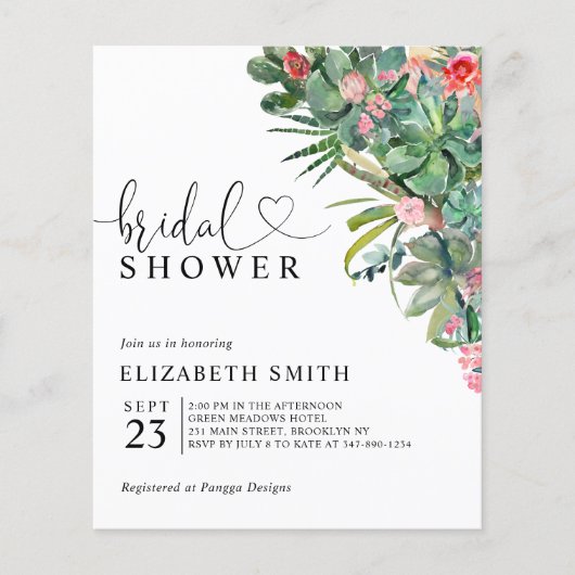 フローラピンクサボテン予算ブライダルシャワー招待状 (正面)