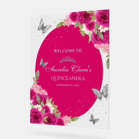 フローラピンクシルバーティアラバタフライキンセアニラ アクリルサイン (傾斜)