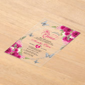 フローラピンクシルバーティアラバタフライミキンセアニラ アクリル招待状 (レイダウン)
