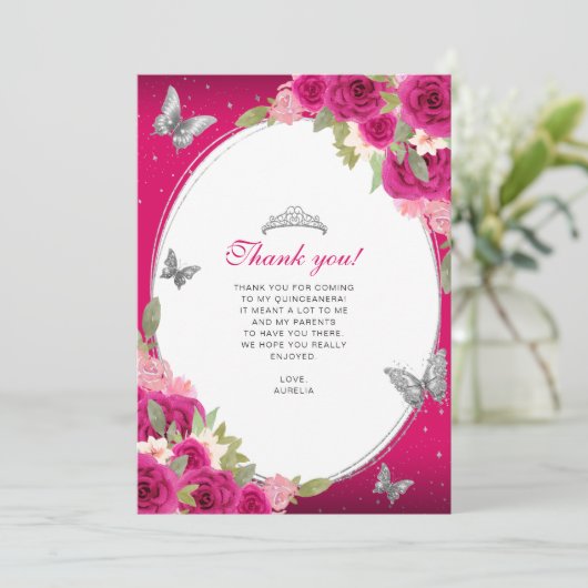 フローラピンクシルバーバタフライキンセニェラ写真 サンキューカード (スタンド正面)