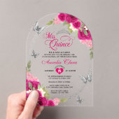 フローラピンクシルバーバタフライクインセアナアーチ アクリル招待状 (インサイチュ (ポータブル))