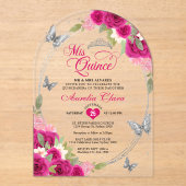 フローラピンクシルバーバタフライクインセアナアーチ アクリル招待状 (正面)